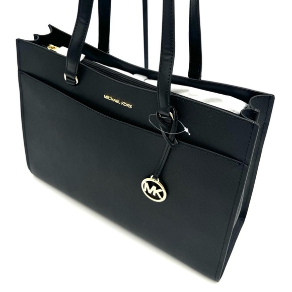Michael Kors Large MF Pocket Shoulder Tote Bag & Continental Wallet Black/Gold - Picture 6 of 15